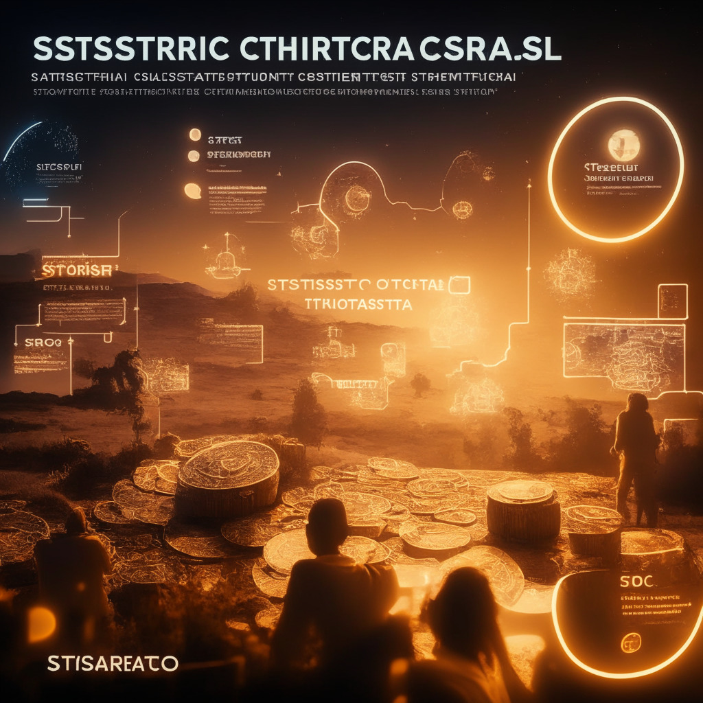 Stablecoin-focused tech scene, diverse team collaborating, Terra Classic Revival Roadmap in the background, warm lighting, elements of digital infrastructure, uplifting mood, USTC test environment in progress, hints of CosmWasm upgrade, researchers examining capital controls, a glowing $1 sign, no brand logos.