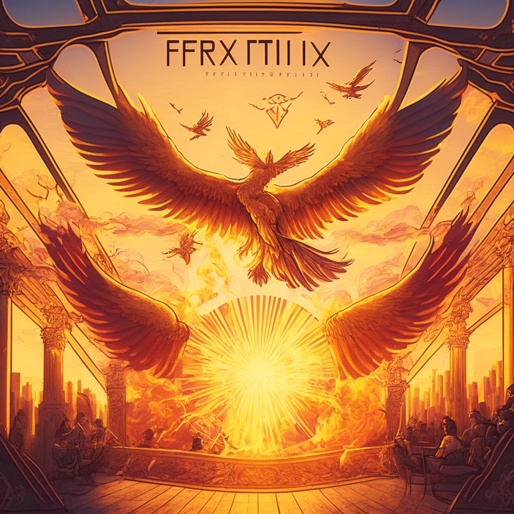Revitalized crypto exchange scene, airdrop of new FTX platform to users, warm inviting atmosphere, evening sunlight casting soft glow, users & creditors in harmonious collaboration, phoenix rising from ashes in the background, art nouveau style, sense of regained trust & growth opportunities, mood of cautious optimism & redemption.