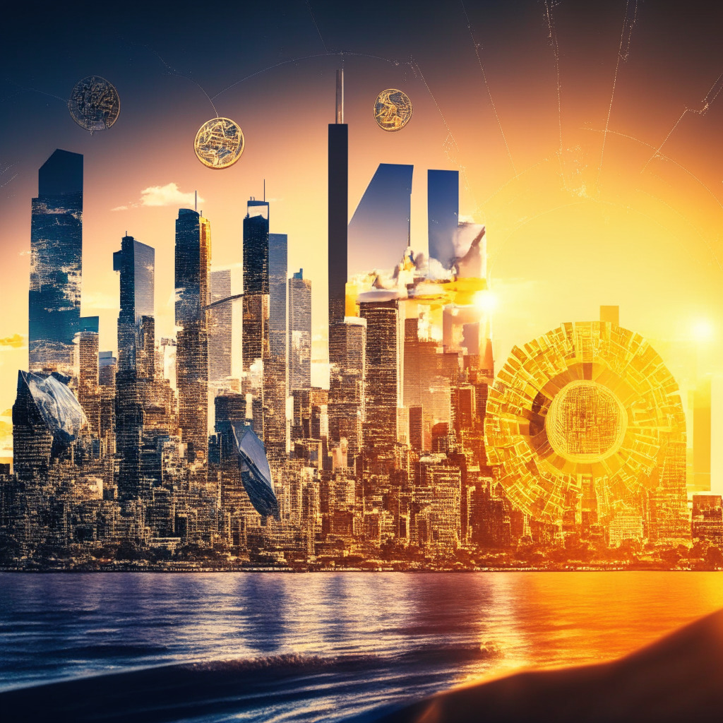 Fintech Expansion in Australia, Crypto-Inspired Backdrop, Sunset Light, Business Metamorphosis, Panoramic Urban Landscape, Soaring Ether, Paper-&-Digital Currency Fusion, Oscillating Hues, Integrated Fin. Ecosystem, Unraveling Crypto Potential, Global Connectivity, Evocative Balance, 350 characters