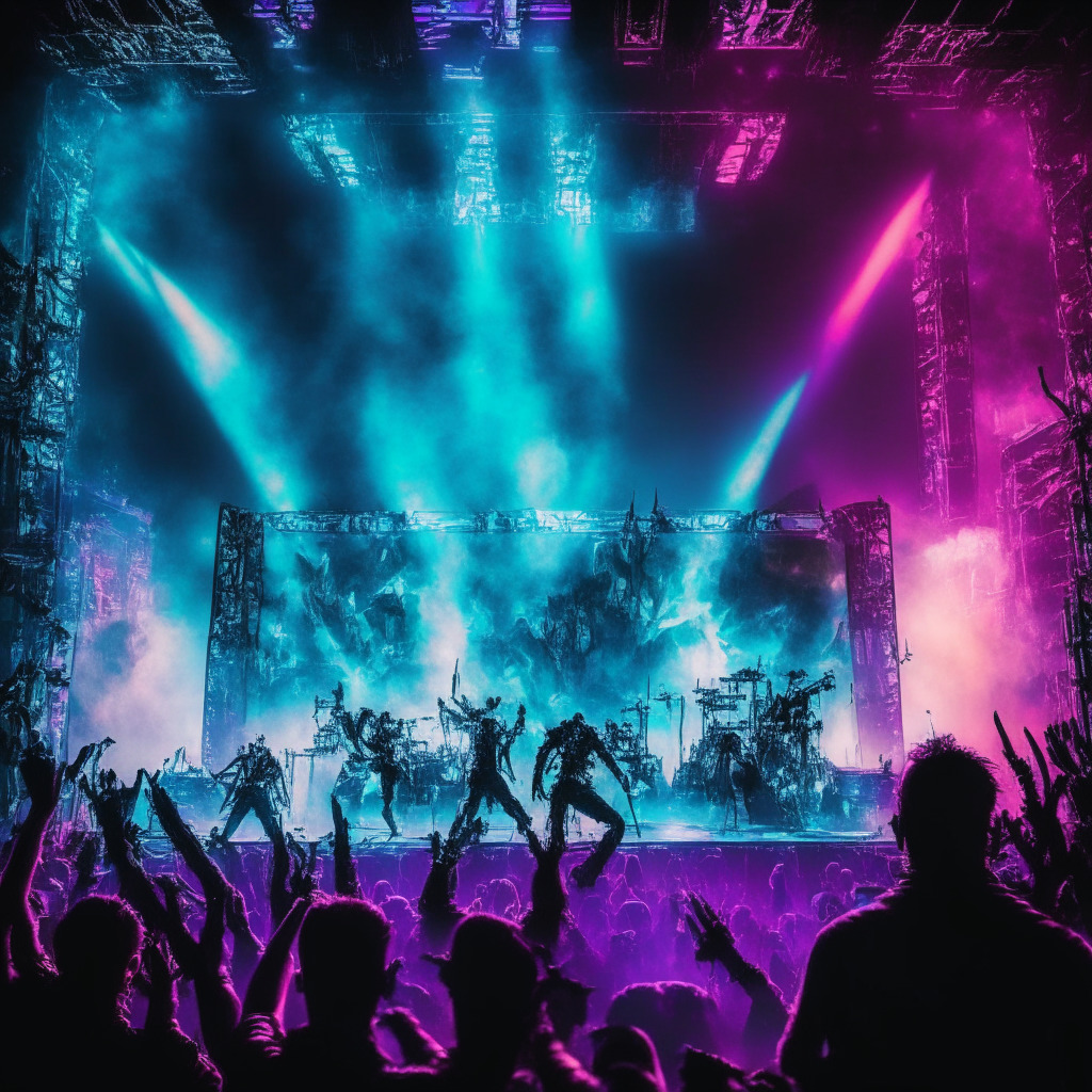 Futuristic concert scene, Avenged Sevenfold onstage, neon lights, AI holographic visuals, fans holding NFT tickets, web3 gaming projections on backdrop, electrifying ambiance, vivid color palette, dramatic chiaroscuro lighting, high-contrast textures, energetic mood, cyberspace elements, no brand names or logos.