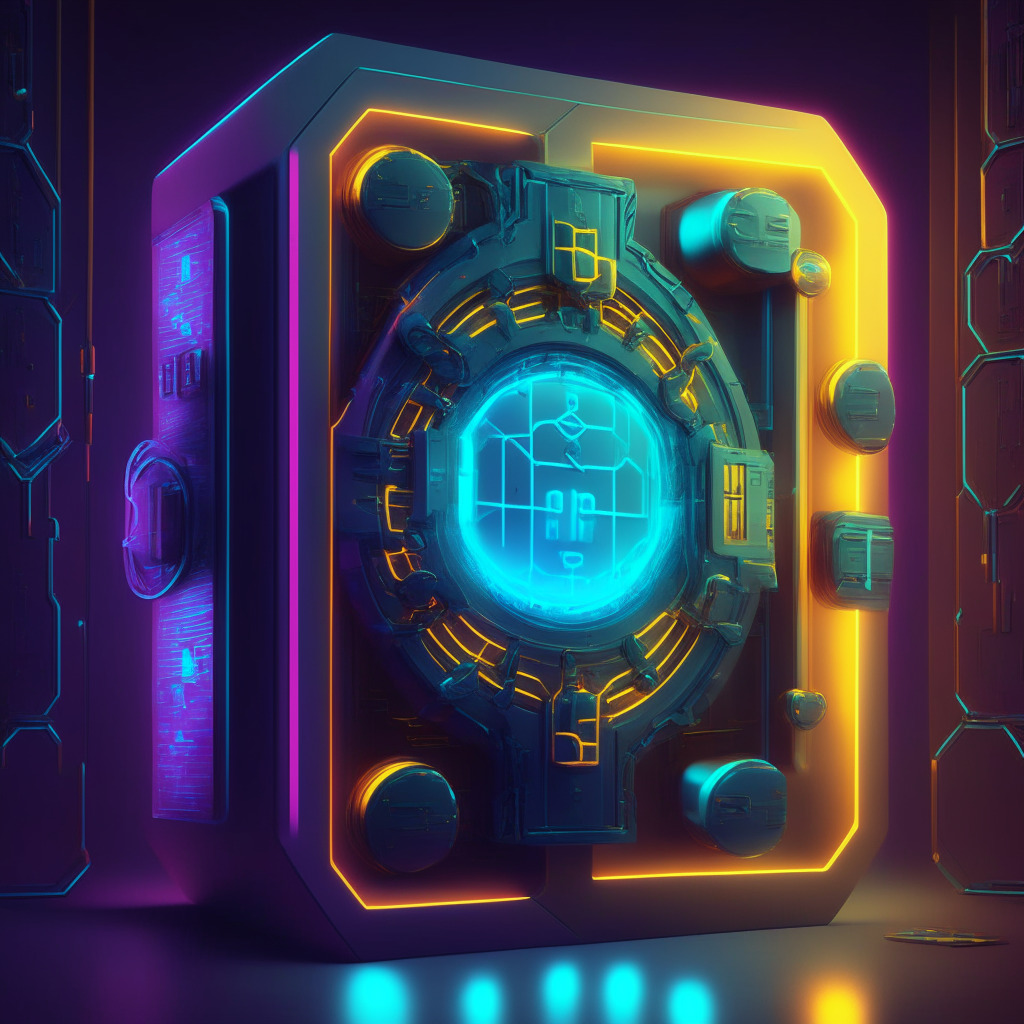 Futuristic vault with advanced multi-party computation key sharding, diverse decentralized crypto wallets, secure self-custody concept, powerful glowing nodes symbolizing institutional access, dynamic composition, bold contrast of warm and cool colors, somber yet hopeful mood.