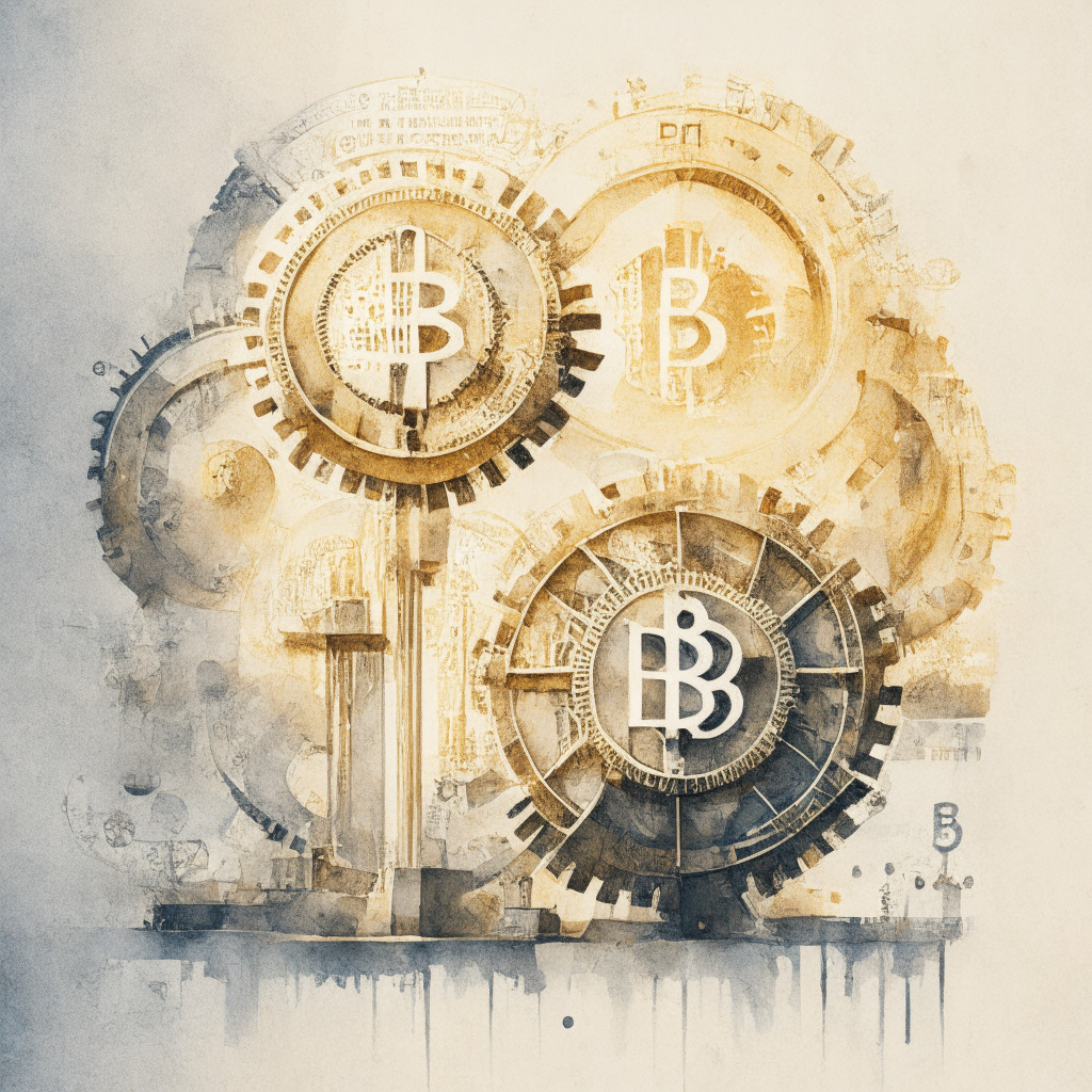 Intricate gears symbolizing stability vs innovation, Bank of England & blockchain technology with caution sign, bright light casting long shadows, grayscale Bitcoin ETF documents, warm golden glow on digital assets, serene CBDC connection bridges, all in a soft watercolor style, with a contemplative mood.
