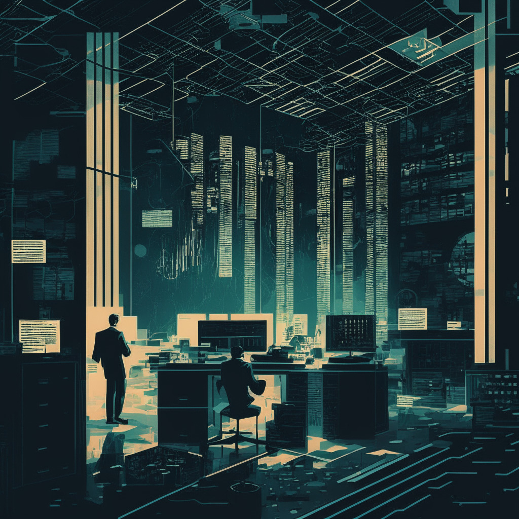 Intricate bitcoin mining scene, Deloitte and Marcum offices, dimly lit environment, contrasting color palette, mysterious atmosphere, subtle display of complex relationships, undercurrent of uncertainty, geometric and abstract style, fluctuating crypto market elements.