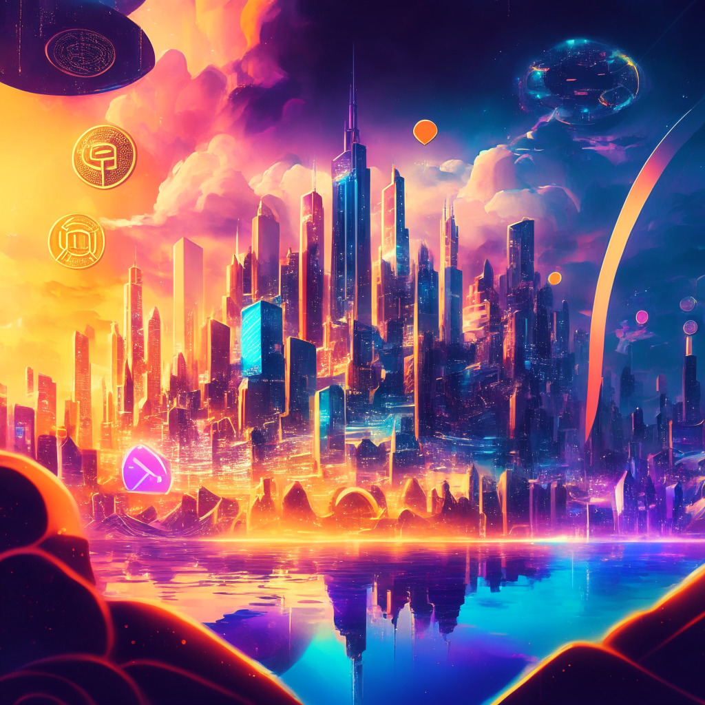 Futuristic cityscape representing crypto landscape, Ripple acquiring Metaco, diverse business expansion, virtual asset license, glowing Ethereum, Solana, Cardano, Atom, Tezos symbols, stormy clouds with China's NFT guidelines, warm sunlight of France welcoming crypto companies, Axie Infinity game, bustling DeFi world, soft, dramatic lighting, vibrant colors, dynamic composition, sense of excitement.