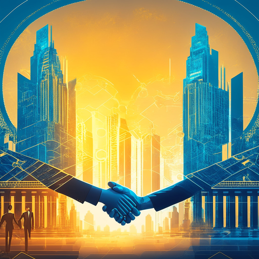 Intricate cityscape with futuristic architecture, a central bank building with digital currency symbols, two executives shaking hands, soft sunset glow, blend of digital and traditional finance elements, dominant colors of blue and gold, mood of innovation, anticipation and synergy, elements of crypto-assets and tokenization.