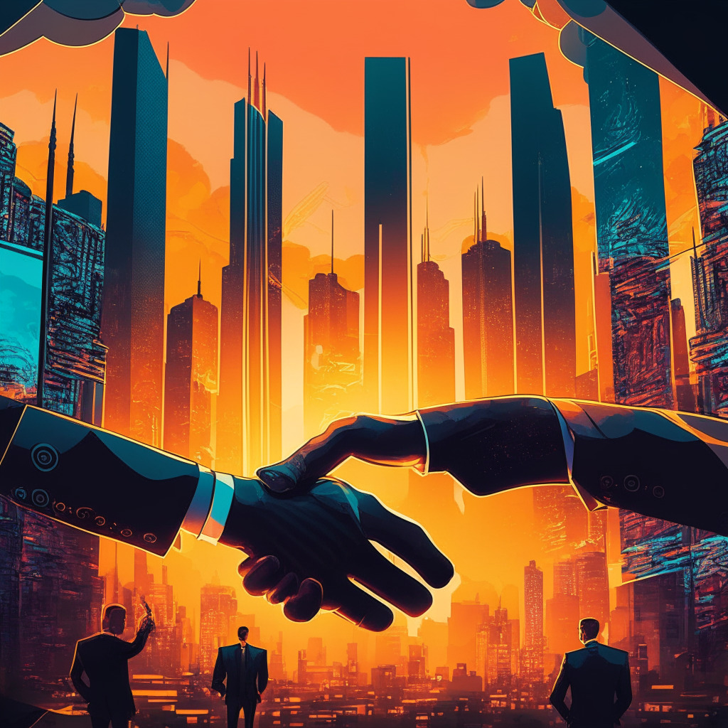 Intricate cityscape at dusk, golden-hour lighting, futuristic architecture, two businesspeople engaged in a handshake, tokens hovering around them, digital art style, bold colors of prosperity, tension in the air, hint of legal battles, dynamic growth as background narrative, 350 characters: “Ripple's bold move acquiring Metaco, tokenized assets shifting hands, battle with SEC looming, sense of playing offense, expansion goal with a touch of uncertainty, exciting journey awaits.”