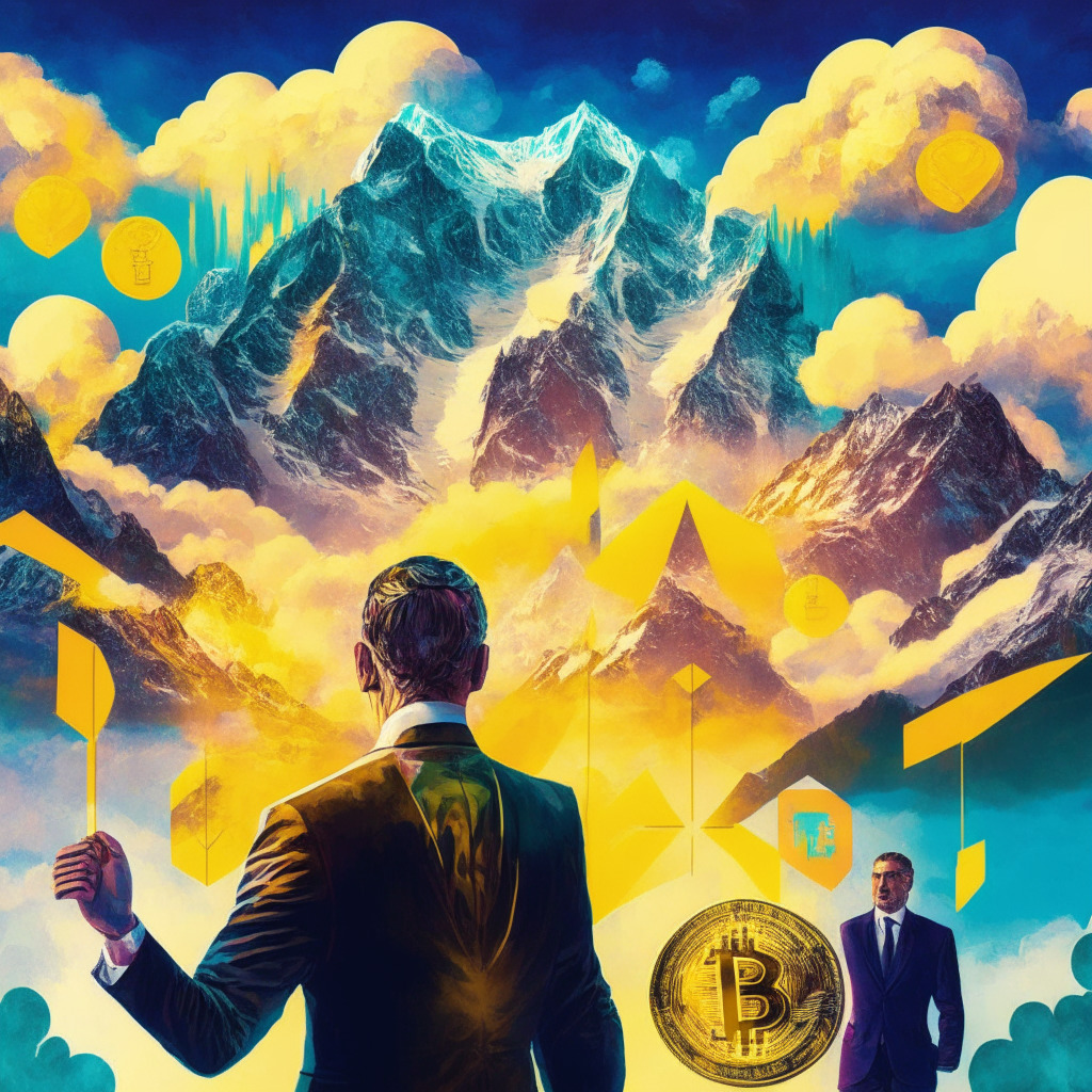 Crypto acquisition scene, golden handshake, Swiss Alps backdrop, diverse tech tokens, hovering regulatory cloud, Ripple executive with a confident expression but furrowed brow, global expansion arrows, artistic chiaroscuro lighting, atmosphere of optimism and uncertainty, vibrant contrasting colors.