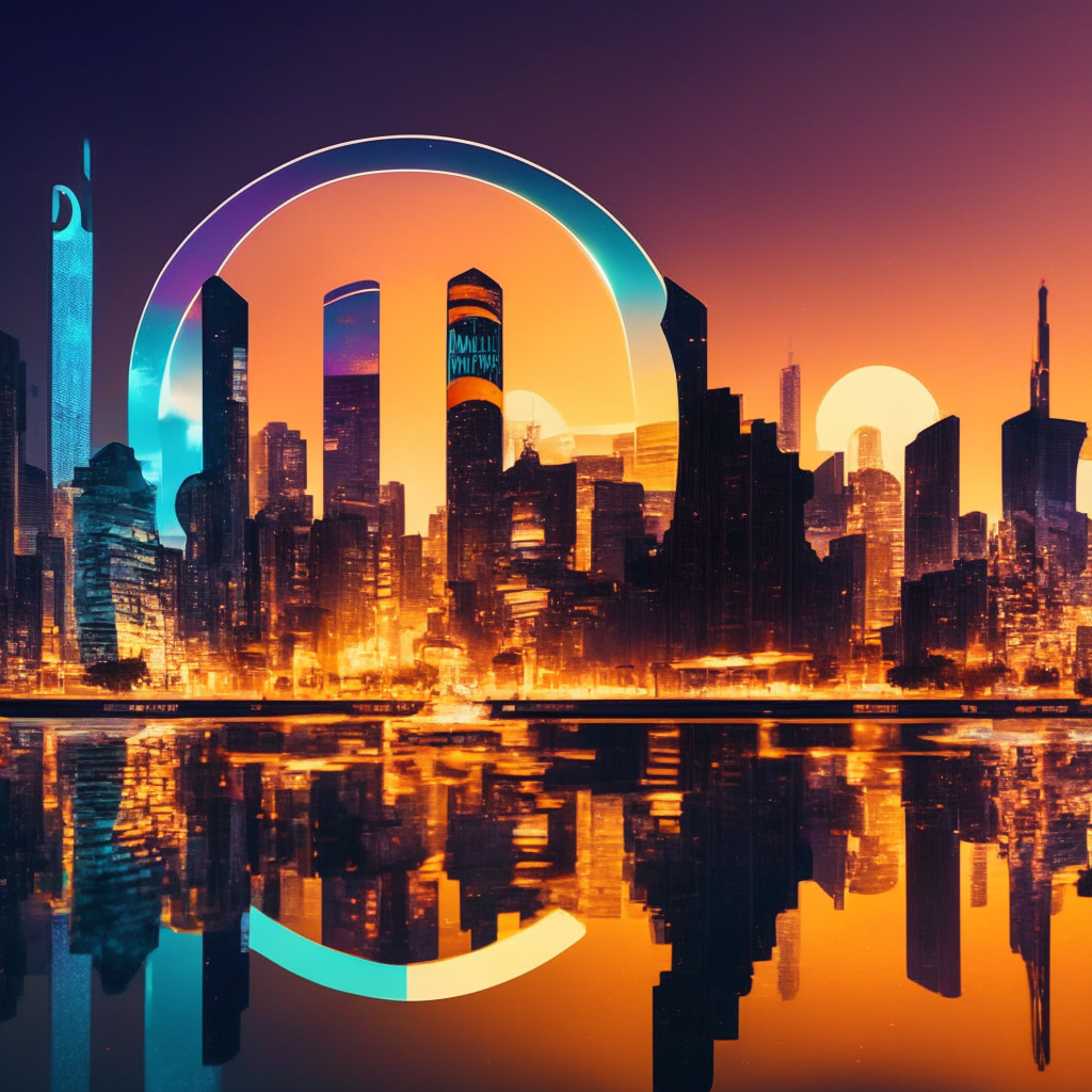 Sunset-lit financial district, Ripple & Metaco logos merging, $250M price tag, futuristic tokenized city, optimism & strategic partnership, elegant Art Deco style, diverse professionals interacting in tokenized asset hub, captivating holographic tokens, subdued & sophisticated color palette.
