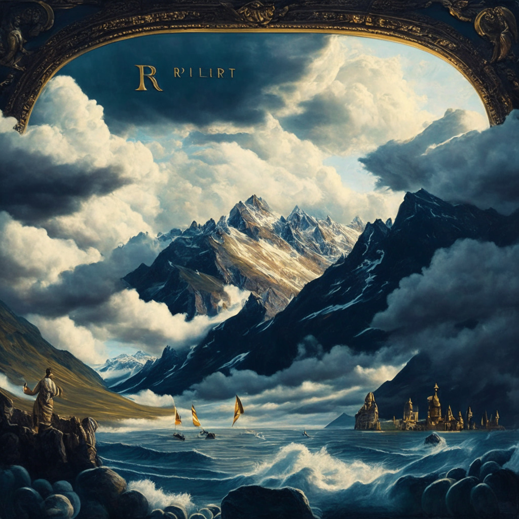Renaissance-inspired painting of Ripple's growth, sunlit Swiss Alps backdrop, Ripple acquiring gleaming crypto treasure chest, contrast of dark looming regulatory storm clouds, atmosphere of hope amidst adversity, intricate details of institutional investors observing from a distance.