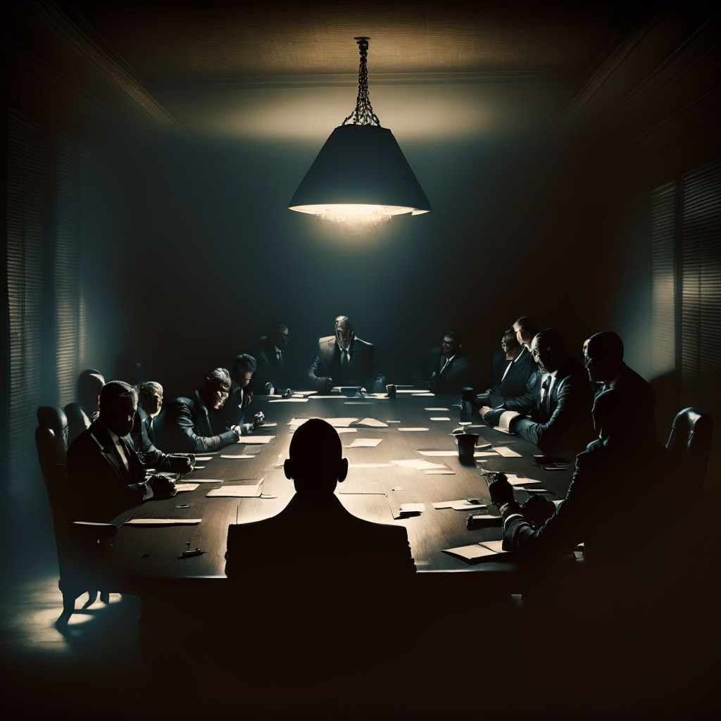 Crypto firm boardroom scene, Warren Jenson taking the helm, diverse board members collaborating, dark wooden table, glowing light from smartphones, soft but focused light, Renaissance-inspired chiaroscuro technique, solemn yet determined expressions, commitment to transparency, air of anticipation, legal documents in shadows, sense of perseverance.