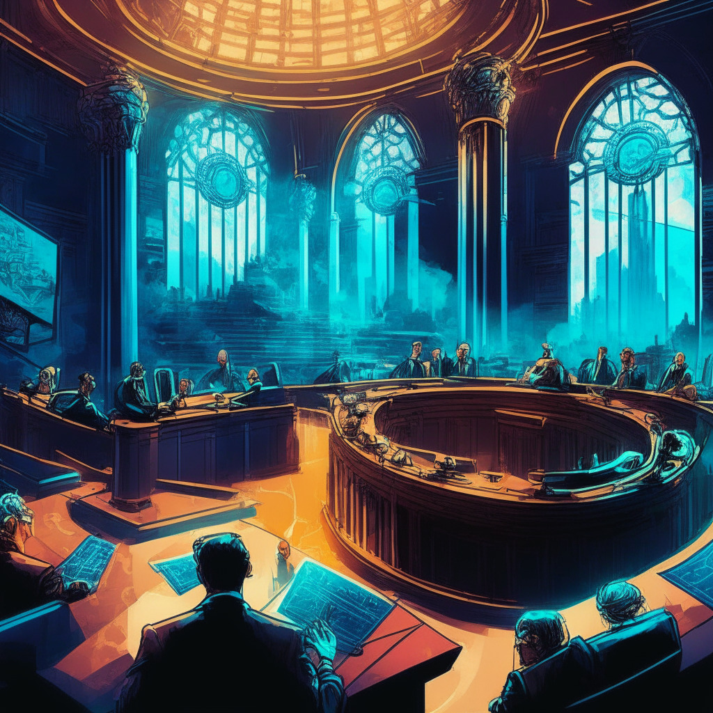Intricate courtroom scene, Ripple CEO discussing lawsuit, contrast between US and progressive UAE and EU crypto regulations, colorful cityscapes representing global financial centers, chiaroscuro light setting, tension and uncertainty, hopeful atmosphere for future regulatory clarity.