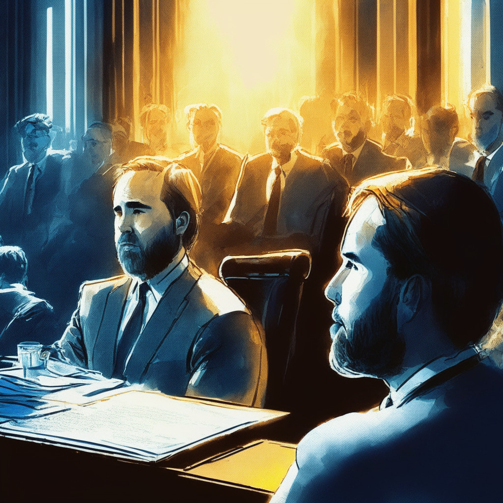 Sunlit courtroom, Ripple CEO Brad Garlinghouse, confident & poised, on the witness stand, SEC agents on the opposing table, crypto community watching intently, tension & anticipation, neo-noir art style, mystical aura, spotlights highlighting key elements, mood: cautious optimism, potential impact on future crypto regulations.