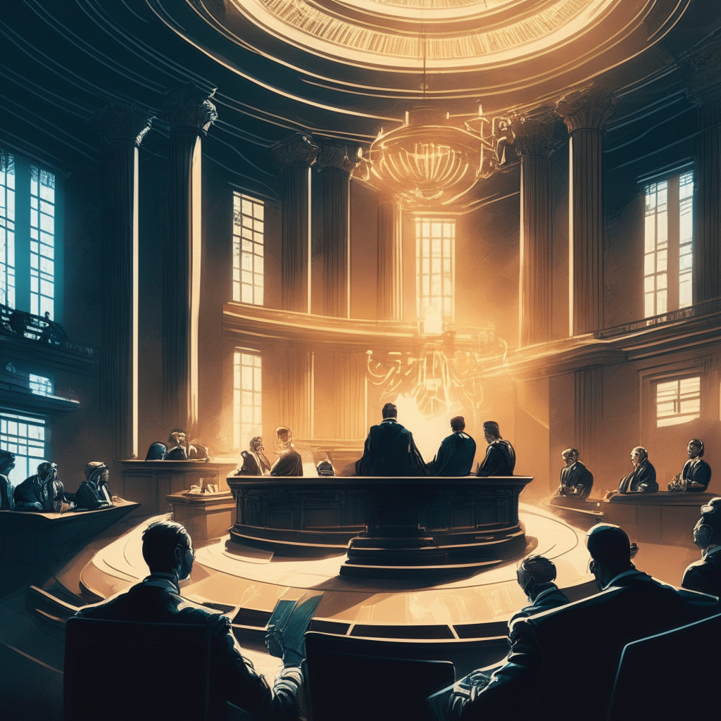 Intricate courtroom scene, neoclassical architecture, SEC officials and Ripple Labs team in intense discussion, contrasting warm and cool lighting, chiaroscuro effect, suspenseful atmosphere, balance scale symbolizing regulation vs. innovation, abstract cryptocurrency symbols in the background, subtle optimism.
