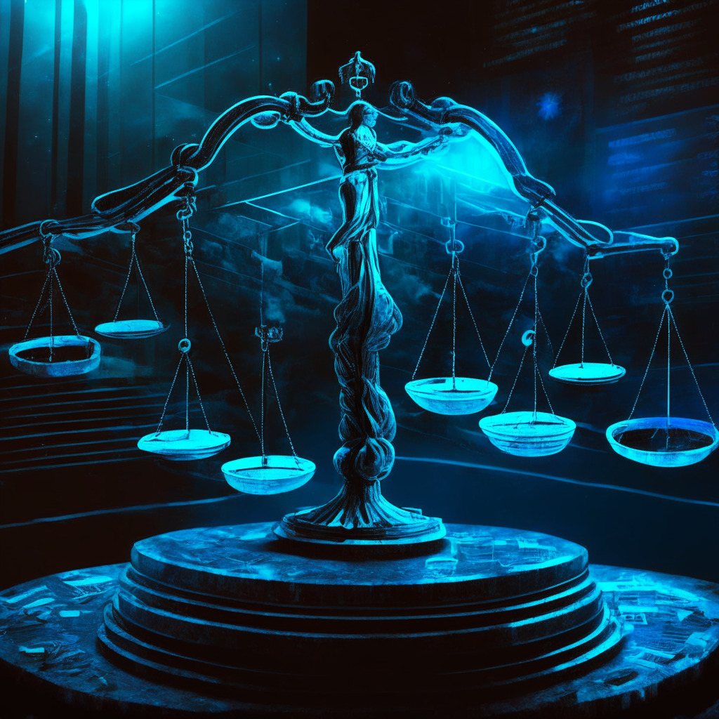 Scales of Justice, Ripple Labs battling SEC, shadowy courtroom, cross-border payment landscape, tension in the air, vibrant XRP tokens hovering, question mark on their escrow holdings, dimly lit, chiaroscuro contrast, impending decision, intangible suspense, potential repercussion on digital finance, futuristic style.