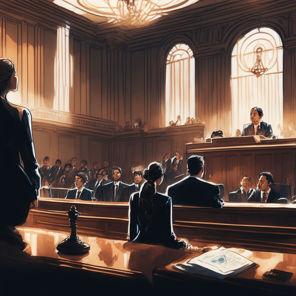 A courtroom scene with Ripple and US SEC representatives, hints of tension and anticipation in the air, warm lighting casting a soft glow on the participants, baroque-style composition emphasizing intricate details, Attorney Kylie Chiseul Kim stepping away from the case, the mood reflecting the uncertainty and curiosity surrounding the lawsuit's potential impact on the crypto industry. (350 characters)