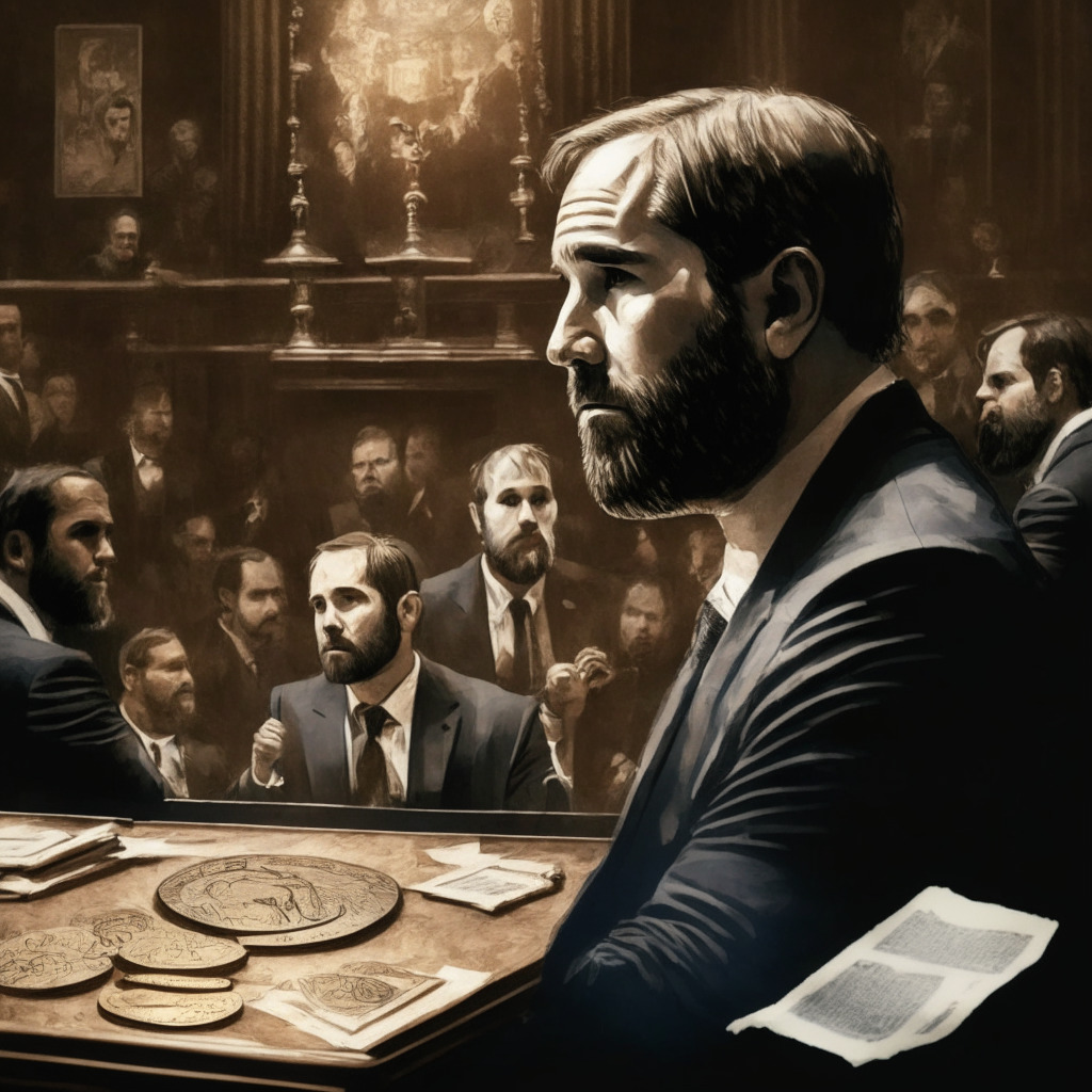 Intricate courtroom scene, scales of justice, XRP coin, Ripple CEO Brad Garlinghouse in foreground, moody chiaroscuro lighting, Renaissance artistic style, tense yet hopeful atmosphere, legal documents scattered, world map in the background, subtle hints of global regulation impact.