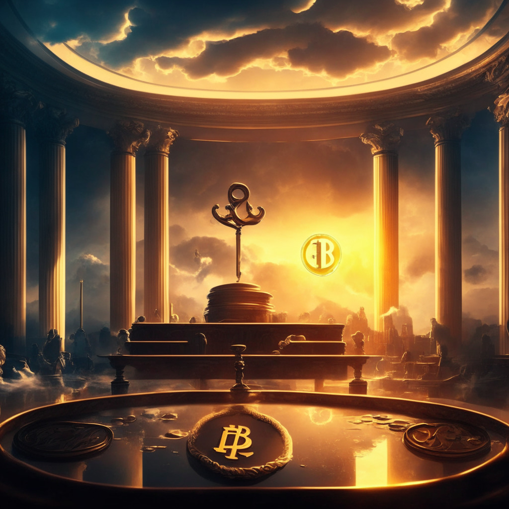 Ripple-SEC case in courtroom, legal scale depicting crypto regulation balance, Ether & XRP coins, judge gavel, ominous yet hopeful lighting, tension-filled atmosphere, golden-sunset background, touch of baroque artistic style, uncertainty clouds looming, industry future at stake.