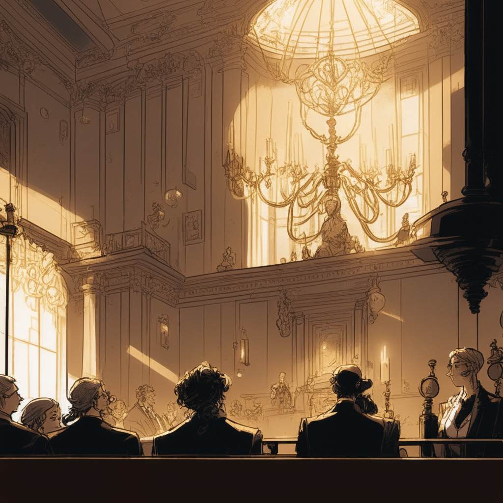 Intricate courtroom scene with Ripple Labs & SEC characters, a mix of optimism & skepticism, Baroque art style, soft golden light from a chandelier, tense & expectant mood, documents subtly visible, weighing scales symbolizing pros & cons, a calendar on the wall showing June 13th, 2023.