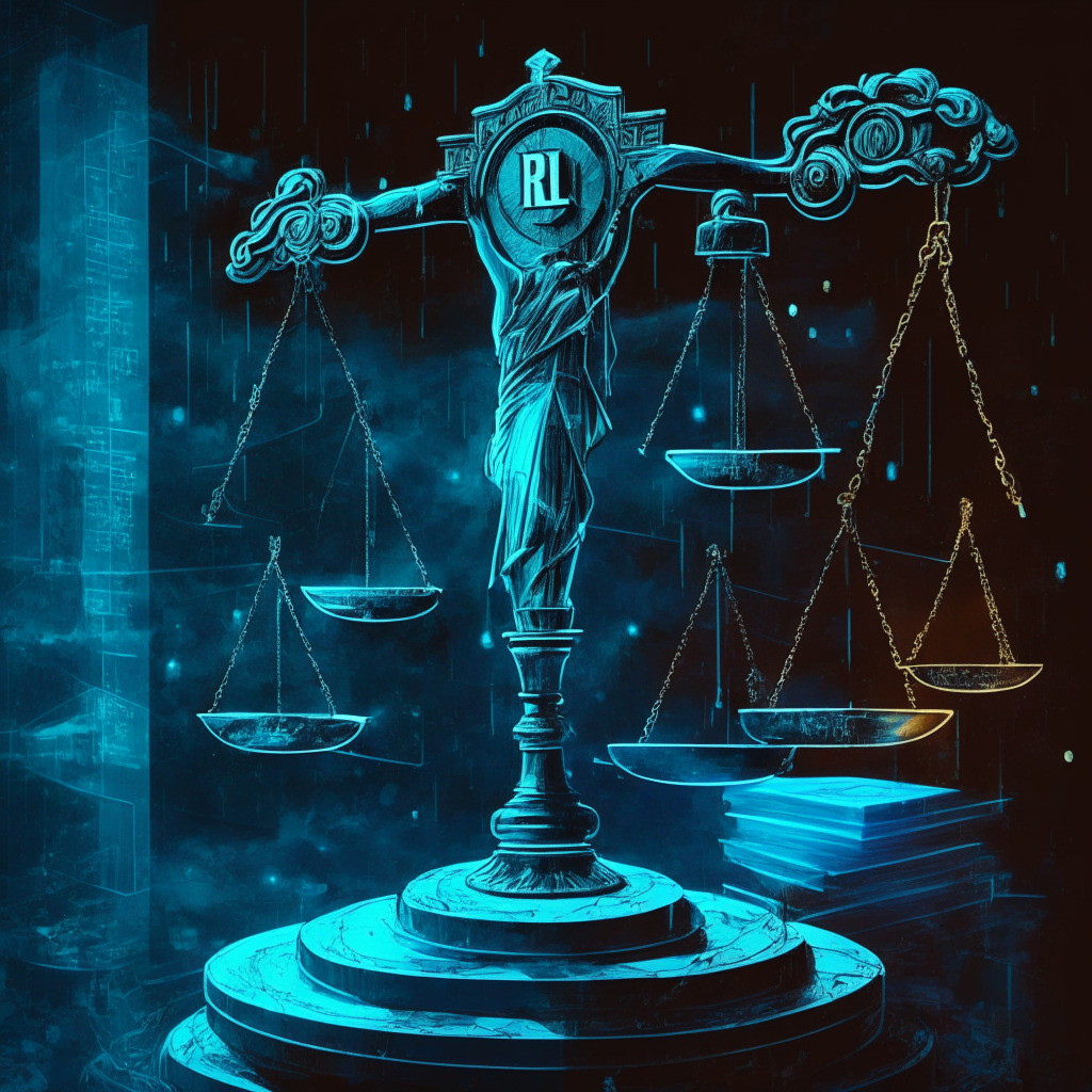 Scales of justice amidst crypto chaos, Ripple & SEC legal battle, $200M stakes, chiaroscuro lighting, tense atmosphere, expressionist style, barriers to innovation, uncertain regulatory landscape, balance between innovation & consumer protection, transformative tech struggling, pivotal moment in crypto history.