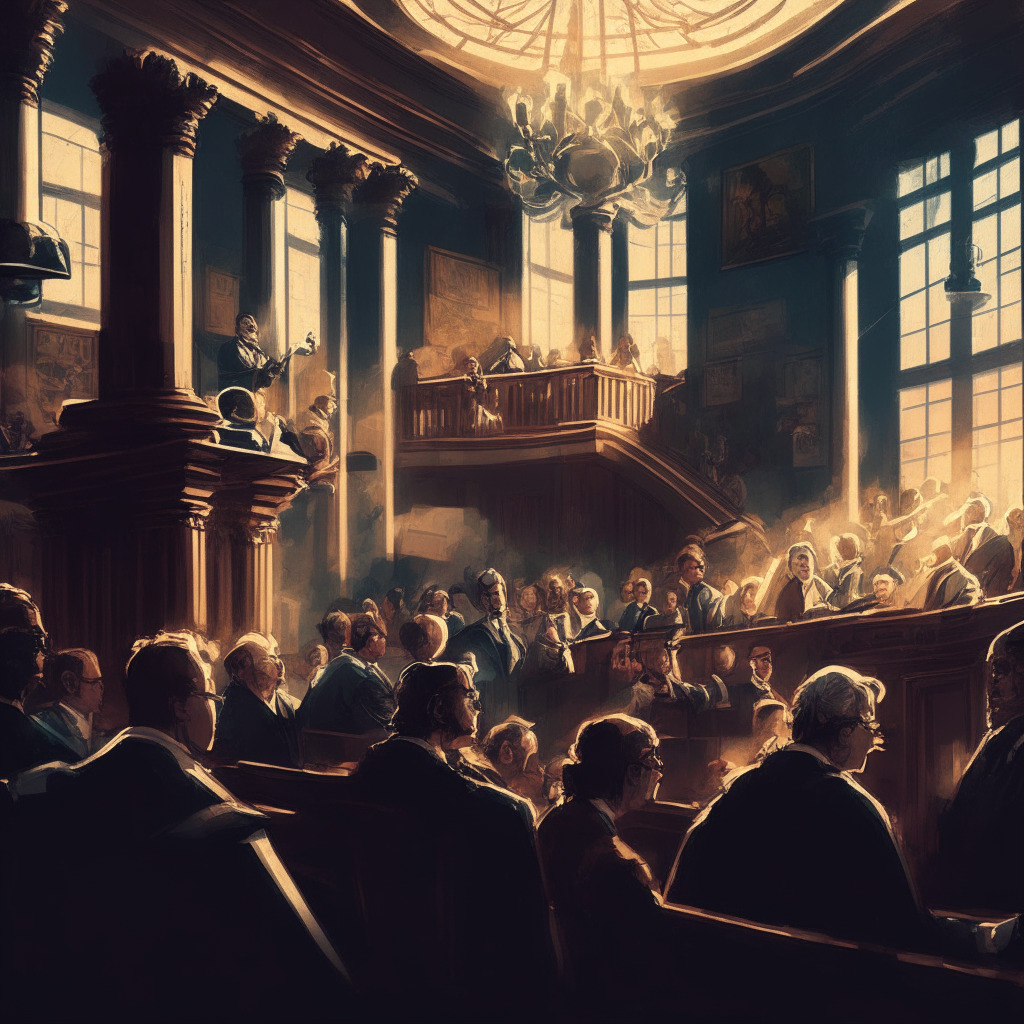 Cryptocurrency courtroom scene, Ripple vs SEC, dark contrasting colors, warm light from chandeliers, intense yet hopeful atmosphere, Renaissance-style painting technique, passionate debate on regulations, detailed facial expressions, a split crowd in anticipation, intricate courtroom architecture, two potential future landscapes depicted above parties.