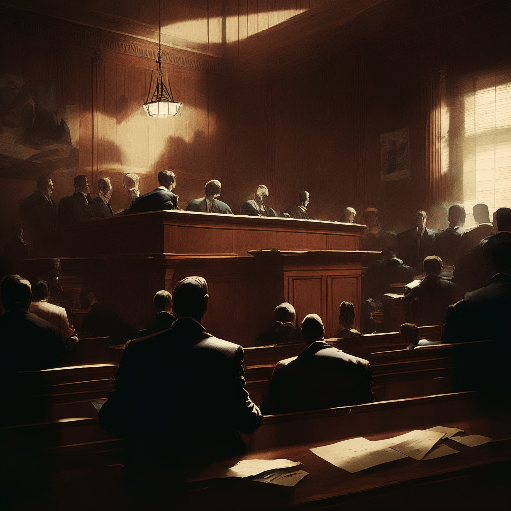 Intricate courtroom scene, tense atmosphere, Ripple vs SEC lawsuit, a mix of hope and uncertainty, low-lit, chiaroscuro effect, emphasizing contrasts, documents and emails scattered, watching crowd cautiously optimistic, wood-paneled walls, uncertainty looming, hint of classical-style painting.
