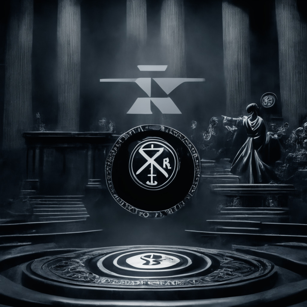 Dramatic courtroom scene, Ripple logo vs SEC emblem, balance scale, legal documents, dark moody atmosphere, intense chiaroscuro lighting, hint of innovation and uncertainty, grayscale color scheme, flying XRP tokens, blockchain elements, stress on both sides, call for collaboration between crypto industry and regulatory body.