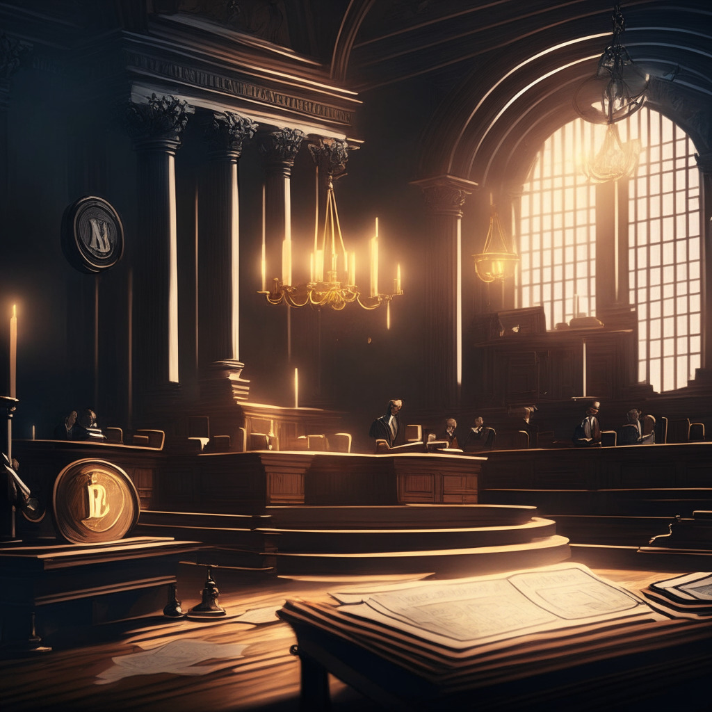 Historic courtroom with Ripple Labs vs SEC legal battle, balanced scale representing justice, Common Enterprise Debate in the background, subtle tension in the air, Baroque art style, soft light from candles with warm glow, legal documents and cryptocurrency symbols scattered, suspenseful yet hopeful mood.