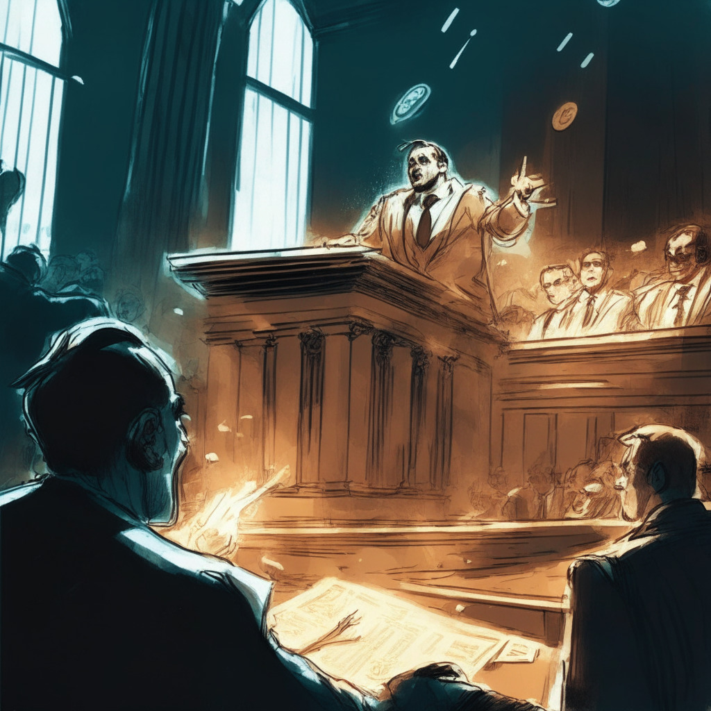 Mood: High-stakes legal battle, Artistic style: Sketch, Light setting: Dimly lit courtroom, A tense exchange between Ripple and SEC, a judge firmly denying the motion to seal documents, Ripple CEO celebrating transparency on Twitter, crypto community with mixed optimism and concern, potential impact on future cryptocurrency regulations and debates.