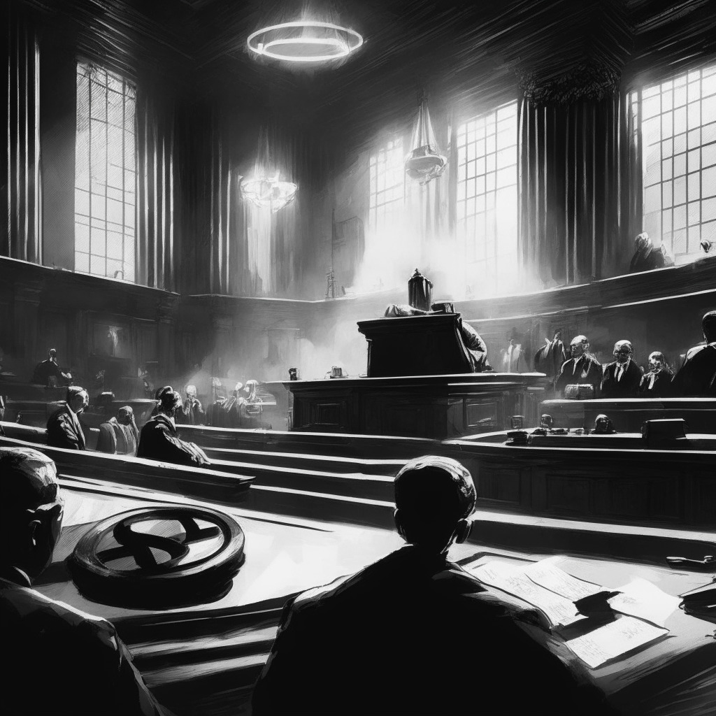 Intricate courtroom scene, Ripple vs SEC debate, focused judge amidst legal arguments, a scale symbolizing judgment, subtle grayscale tones, low light setting, serious mood, hint of hope as decision nears, abstract XRP token representation, digital art style with touch of realism.