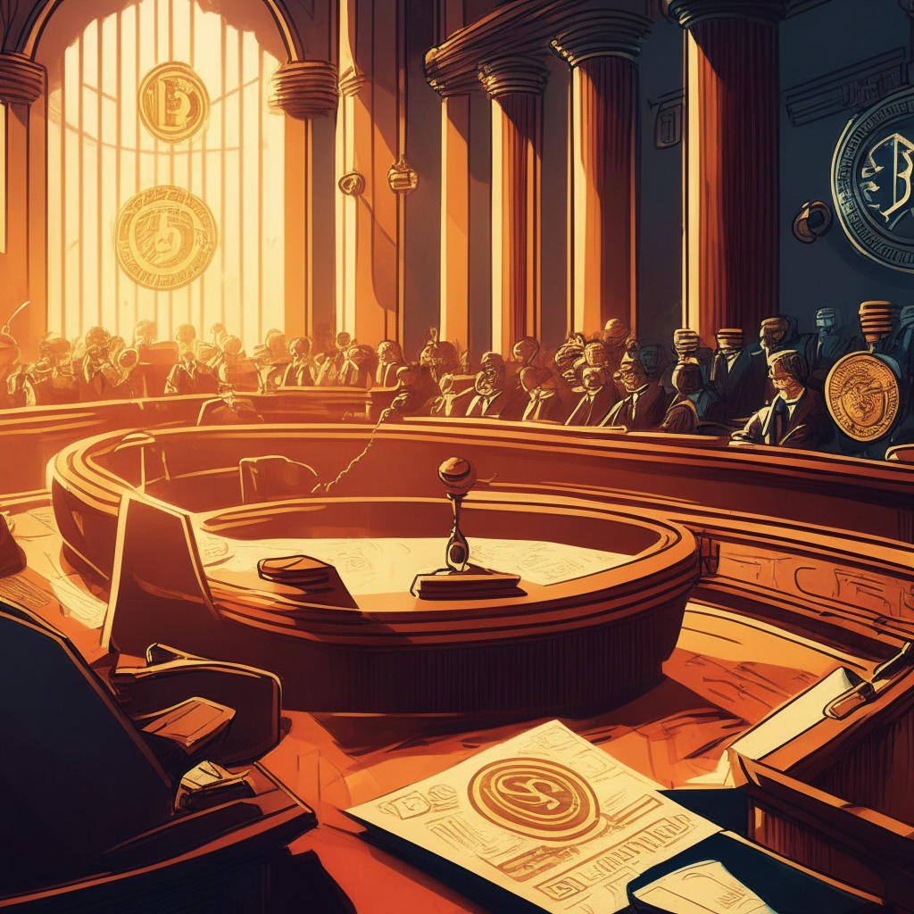 Cryptocurrency courtroom scene, Ripple vs. SEC lawsuit, judge ruling, optimistic mood, warm color palette, dawn sunlight, shadows of legal papers, gavel, scales of justice, Central Bank Digital Currencies, real estate tokenization backdrop, abstract artistic representation, intricate detailing, dynamic visual contrast, anticipation, risk and rewards symbols.