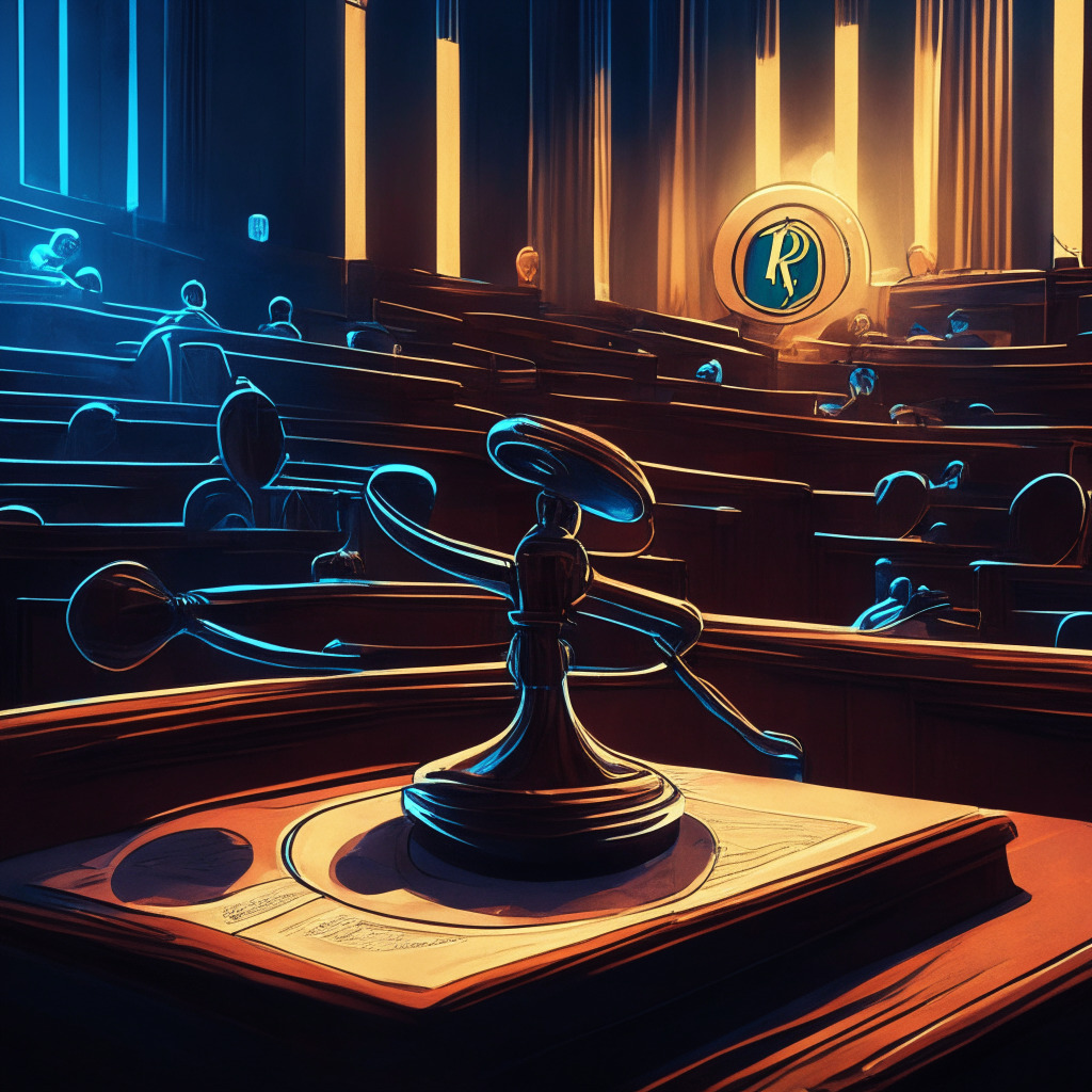 Gavel set against Ripple coin: crypto courtroom drama, dusk-lit courtroom with contrasting shadows and highlights, tension-filled atmosphere, neo-noir artistic style, the omnipresence of global competition, Ripple's weary $200M defense against the SEC, U.S. stagnation in regulations, hope for future collaboration between regulators and industry.