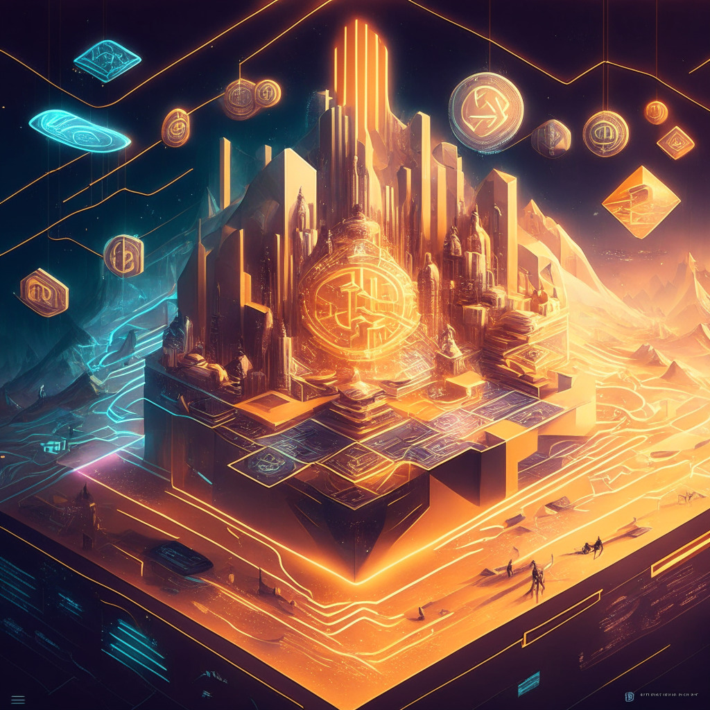 Futuristic financial landscape, artistic blockchain representation, warm inviting glow, confident mood, traditional finance meets crypto, decentralized elements forming connected grid, swift tokenized transactions, subtle DeFi influences, central bank digital currencies and stablecoins, harmony in innovation. (349 characters)
