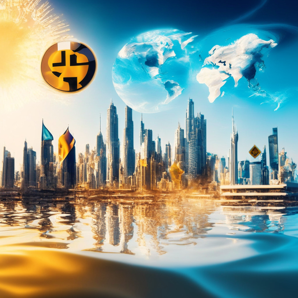 Sunlit European crypto exchange, Ripple's strategic acquisition, international expansion, swirling speculation, mood of curiosity and skepticism, ODL vs LH debate, no logos, Dubai Fintech Summit, London background, UAE and Switzerland influence, vibrant and interconnected world.