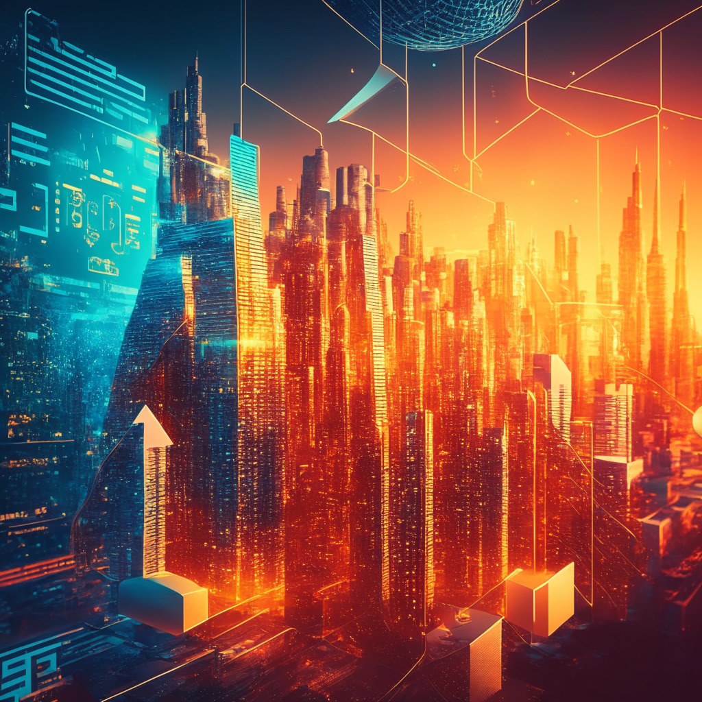 Intricate blockchain cityscape, central banks & digital currencies, glowing futuristic terminals, warm sunset hues, accessible financial environment, offline transaction symbol, e-HKD pilot program, air of innovation, versatile platform capabilities, cautiously optimistic mood.