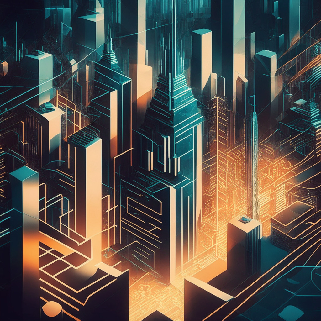 Intricate cityscape, futuristic financial infrastructure, contrasting warm & cool lighting, dynamic composition, touch of cubism, central banks interacting with digital currencies, debate between progress & privacy, mood of innovation & caution, no brands/logos.