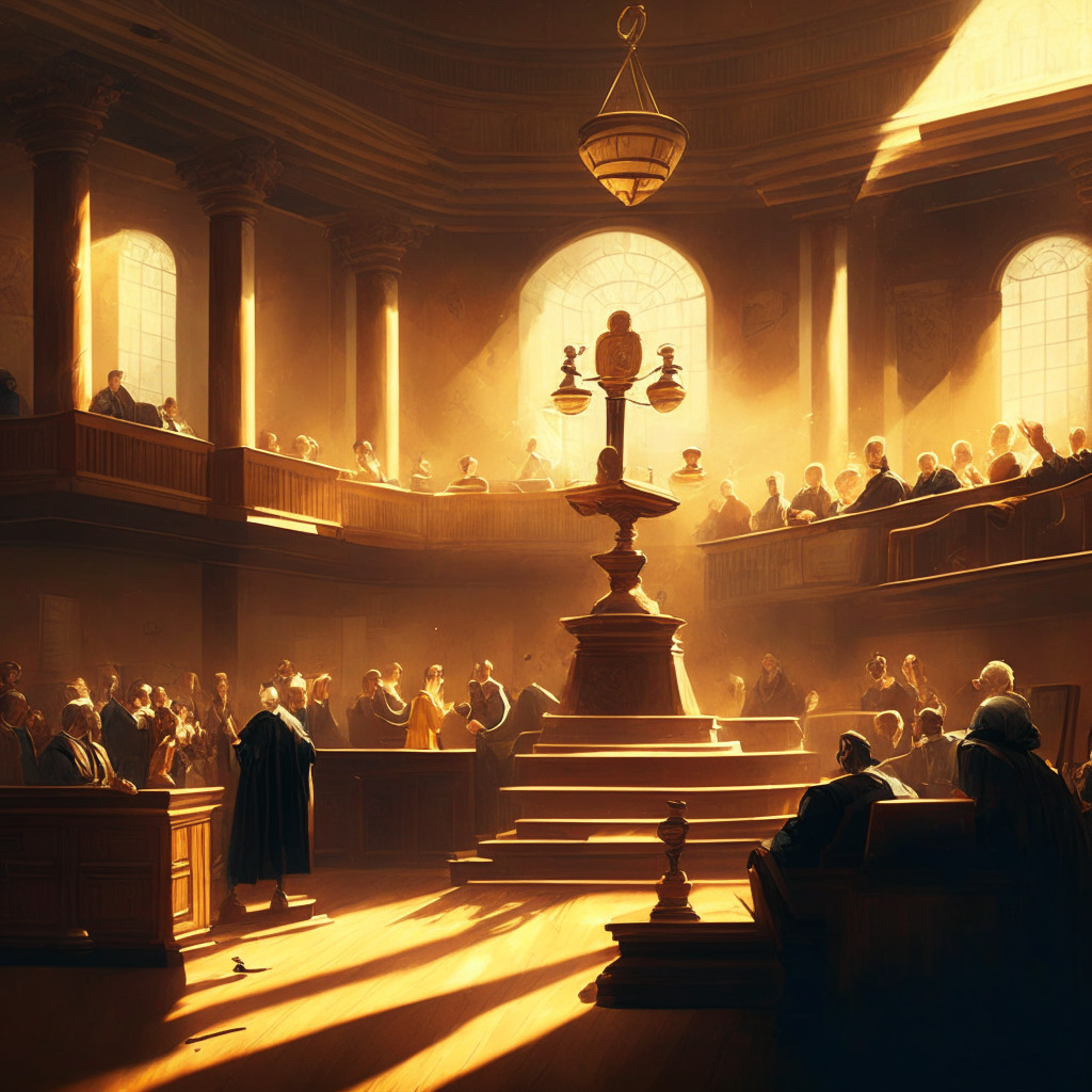 Intricate courtroom scene, gavel on a wooden stand, diverse group of people celebrating, hints of cryptocurrency symbols, warm golden light filling the room, Renaissance-style painting, sense of achievement and hope, balance scale subtly representing transparency and regulation, a mood of triumph and contemplation.