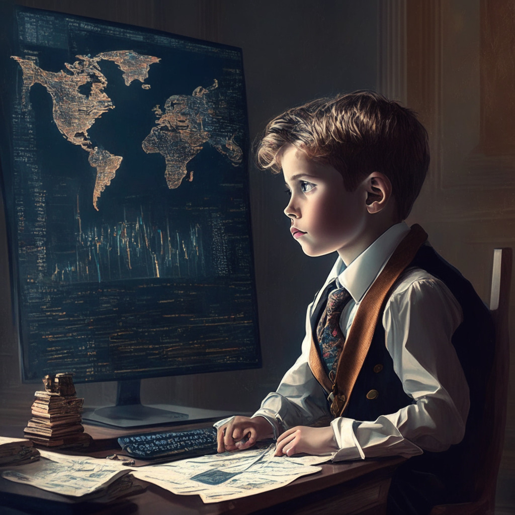 Rising Crypto Prodigy at a Digital Desk, warm soft light, Baroque painting style, analytical charts & graphs, dynamic mood, young analyst in deep thought, multiple cryptocurrencies, mix of serious and quirky atmosphere, global significance, connection and adaptation, potential six-figure Bitcoin prediction between Q4 2024 and Q1 2025.