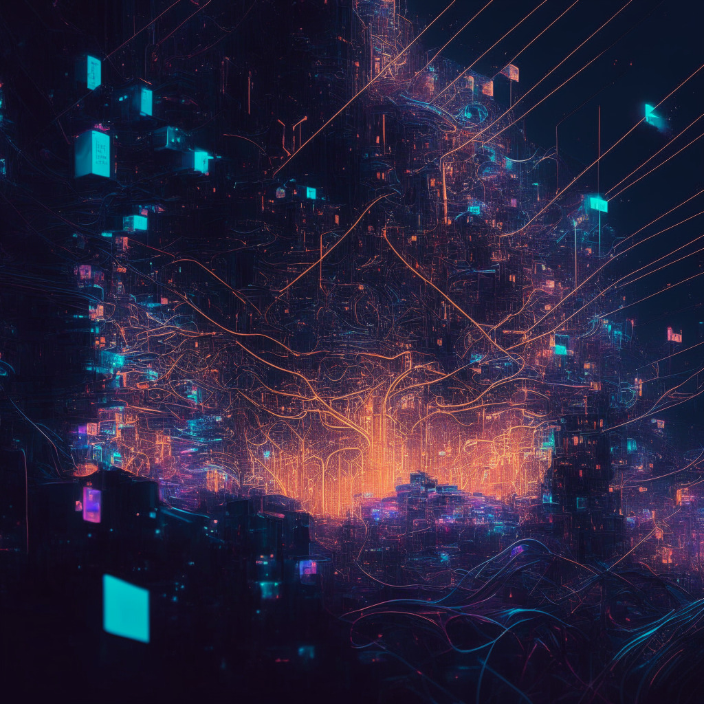 Intricate generative AI network, futuristic cyber cityscape, Web3 & AI-driven industries, soft glowing lights, bold neural connections, vividly innovative applications, contrast of creativity & potential risks, painterly chiaroscuro, dynamic & transformative mood.