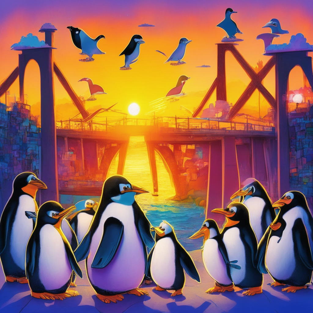 Sunset-lit penguin utopia, chubby penguins joyously interacting, Web2-Web3 bridge in the background, a Trojan Horse symbol subtly incorporated, vibrant colors, playful mood, hint of toy penguins & a children's book, empowering community feel, sense of trust & transparent leadership.