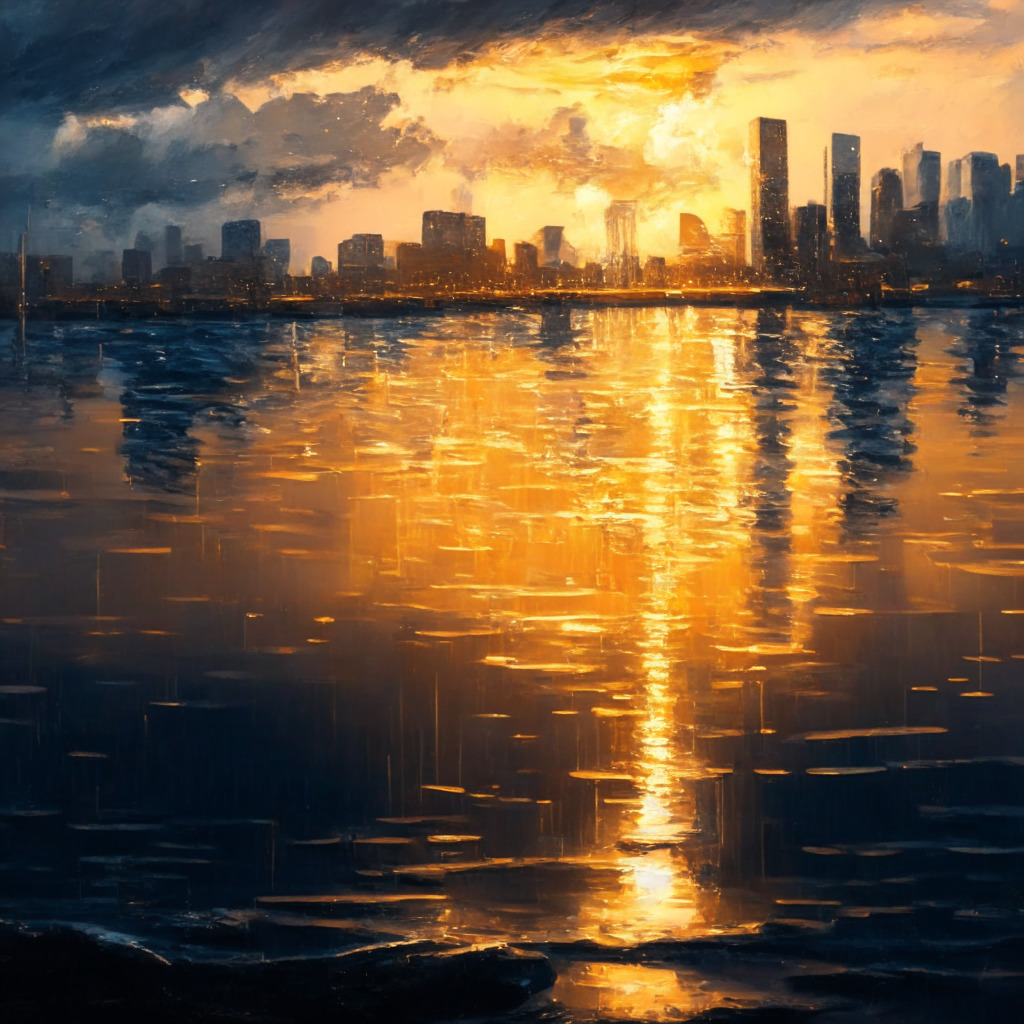 Bitcoin-powered economy, River raises $35M, Kingsway Capital leads, Peter Thiel invests, Lightning Network API, alternative financial system, dusk cityscape, golden hues, chiaroscuro lighting, expressive brushstrokes, sense of transformation, cautious optimism, undeterred dedication.