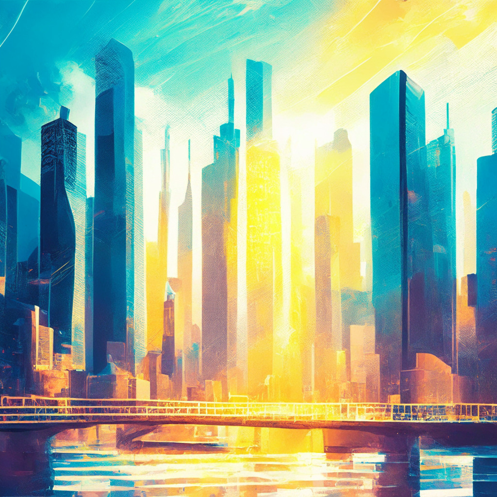 Sunlit blockchain cityscape, financial ecosystem buzz, Bitcoin services hub, River's CEO confidently leading, transparent global economy aura, traditional vs. new finance battle, river lightning electrifying business landscape, contrasts of optimism and skepticism, muted color palette, impressionist style, future-forward energy.