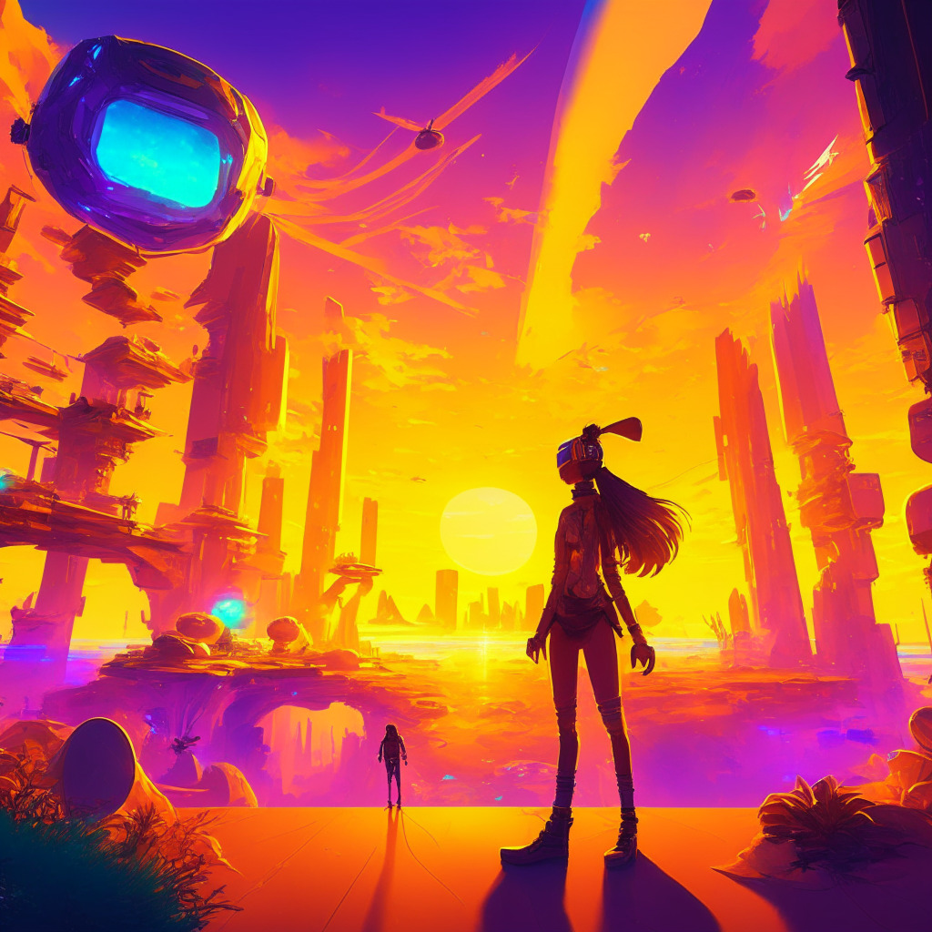 Vibrant virtual gaming world, diverse user-created experiences, futuristic metaverse concept, ethereal blockchain-inspired environment, warm golden sunset light, digital items resembling non-fungible tokens, exchange between characters, interconnected platforms, excited players, air of innovation and exploration, empowering creative atmosphere.