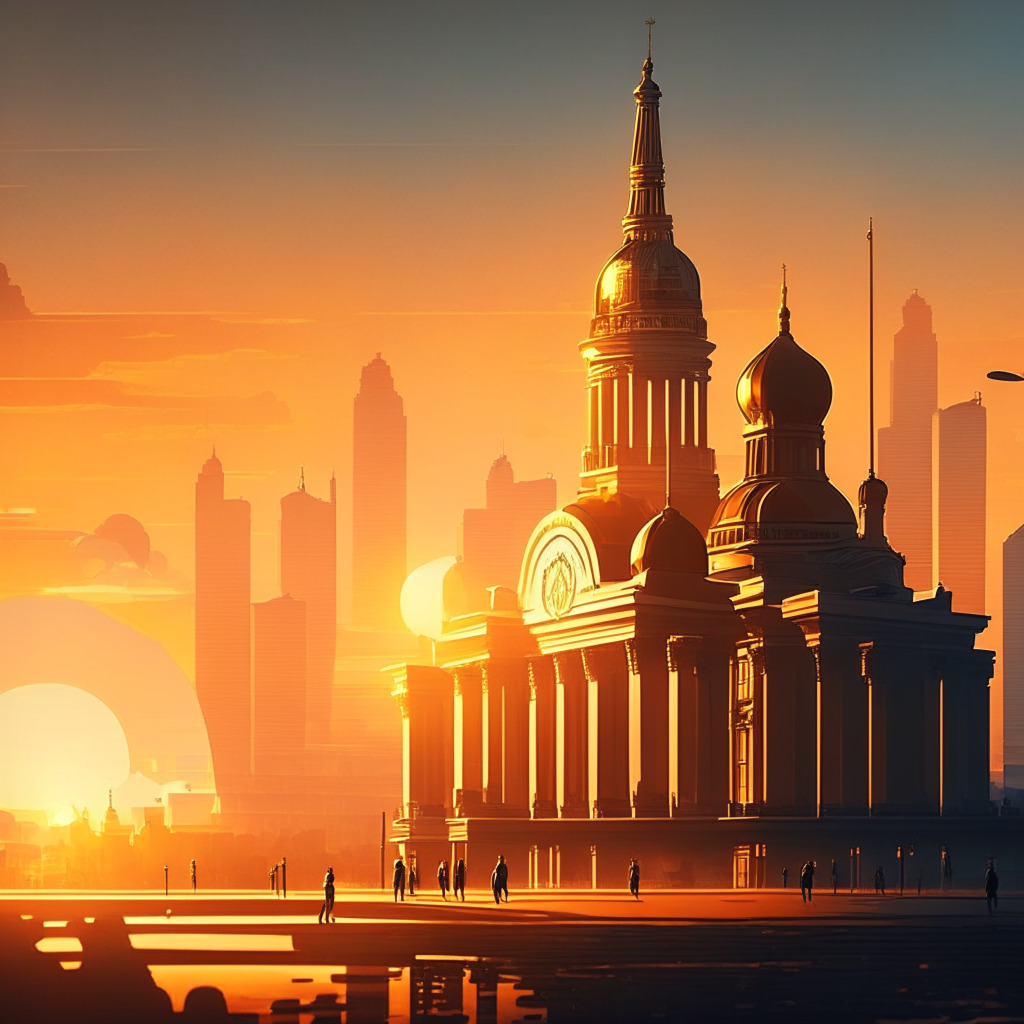 Russian cityscape with Central Bank building, crypto coins, financial charts & documents, sunset palette, baroque architectural style, subtle silhouette of Russian emblem, golden hour light casting long shadows, mood of innovation & cautious optimism, balanced composition showcasing progress and regulation in crypto industry. (350 characters)