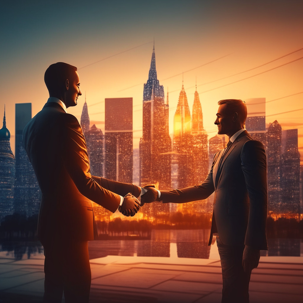 Dall-E, create an image of a Russian government official shaking hands with a private crypto exchange entrepreneur, Moscow skyline in the background, warm and inviting atmosphere, golden-hour lighting, blending traditional and modern architecture, reflecting change and collaboration, heightened by a sense of cautious optimism. Mood: responsible progress.