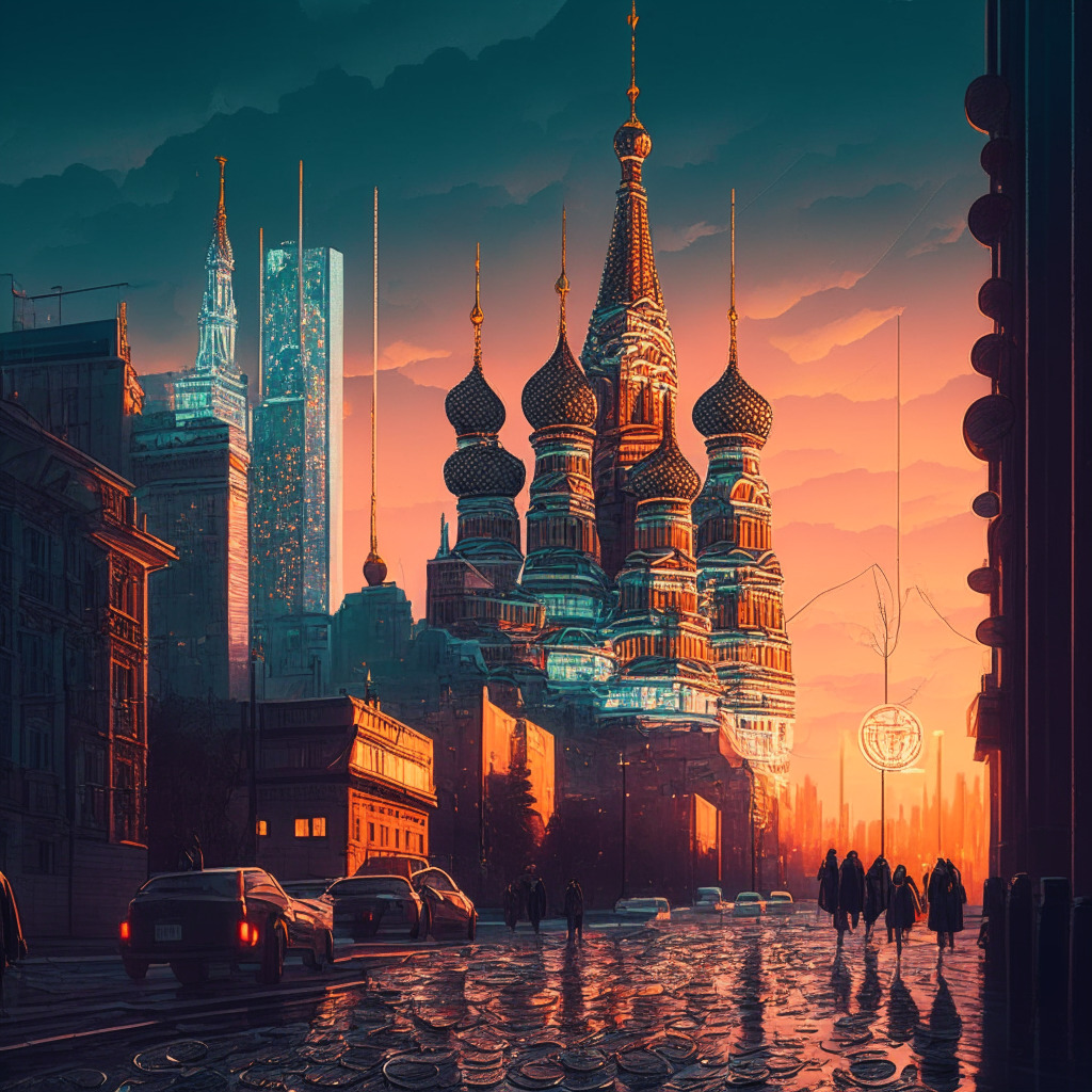 Intricate cityscape at dusk, Moscow skyline with digital ruble coins hovering, crypto-themed street art, juxtaposing vintage and futuristic architectural styles, soft glow of streetlights, vibrant colors, Russian firms conducting international transactions in a discreet, shadowy corner, mysterious and resilient mood amidst regulatory uncertainty.