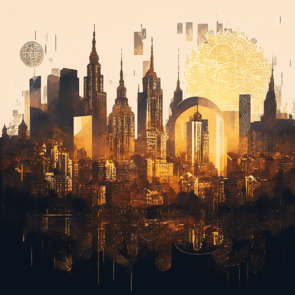 Intricate city skyline, Moscow in twilight, diverse digital currency symbols floating above, semi-abstract style, soft golden light emanating from windows, brushstrokes creating surreal mood, focus on centralized vs decentralized power struggle, potential economic impacts illustrated metaphorically.