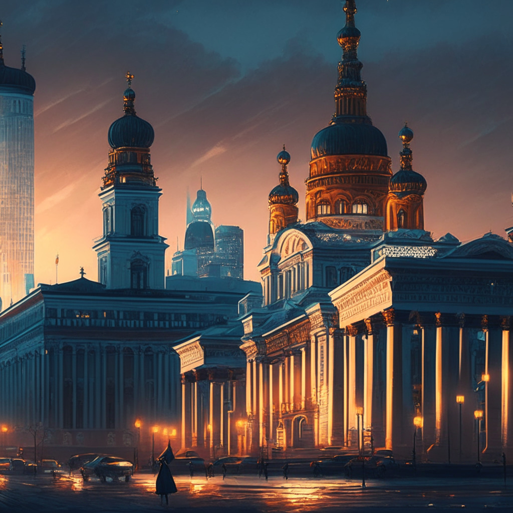 Intricate Russian cityscape at dusk, contrasting modern and traditional architecture, central bank building prominently featured, multiple glowing crypto exchange symbols, tone of cautious optimism, painterly style, soft shadows, mood of innovation and stability, subtle hints of cross-border transactions.