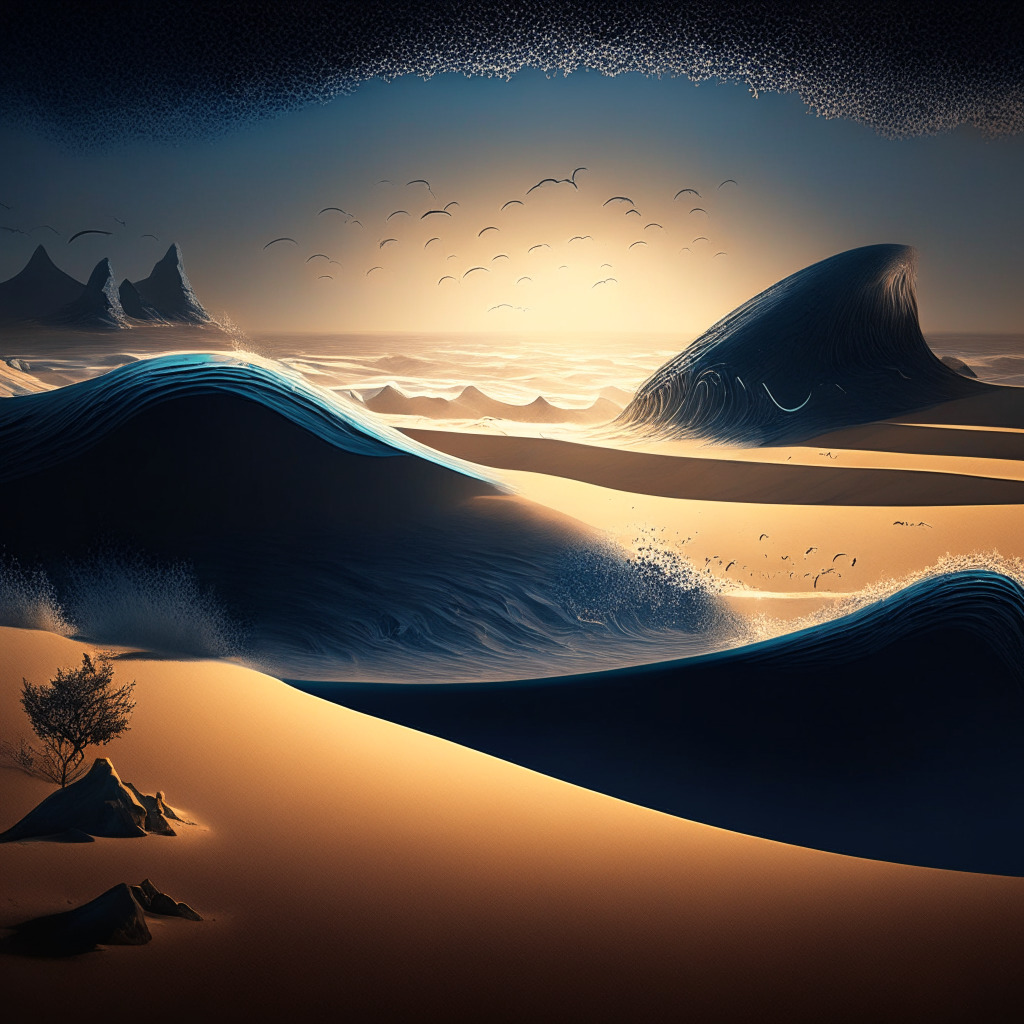 Mood-lit metaverse landscape with rising SAND token, bearish scene backdrop, whale shadow in the distance, impactful chiaroscuro effect, intense atmosphere, cautious yet resilient undertone, abstract elements depicting investment shift, stylized ocean currents symbolizing market fluctuations.