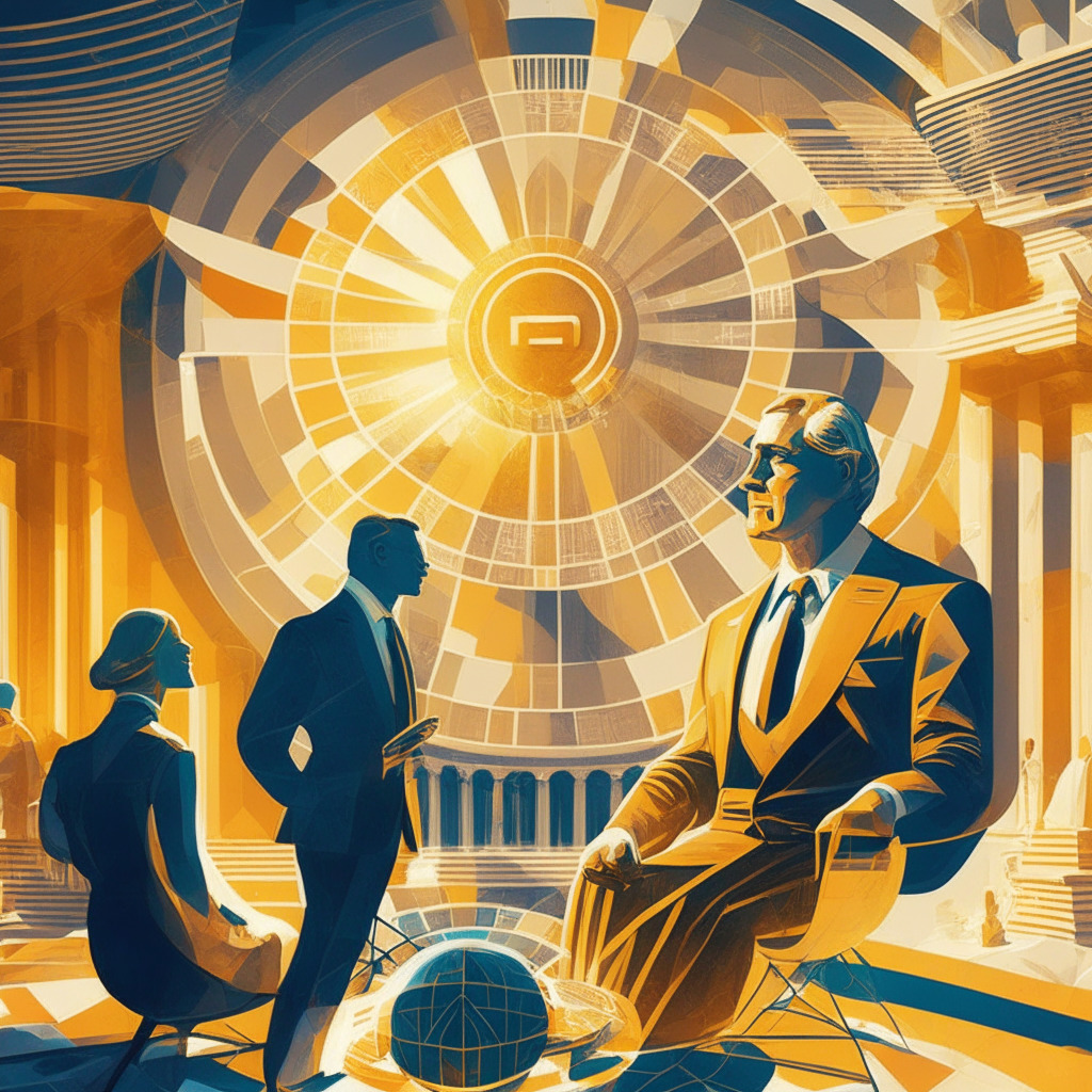 Art Deco style SEC chairman, crypto companies, contrasting moods of debate, warm sunlight & cool shadows, traditional finance vs. blockchain, intricately detailed digital assets, EU & US regulatory tones, balance between innovation protection, engaging public discourse, challenge in harmonious landscape.
