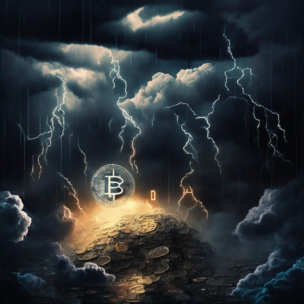 Cryptocurrency exchange under SEC scrutiny, dark clouds over revenue, contrasting lights depicting uncertainty, enforcement action looming, turbulent financial waves, U.S. market challenges, intricate blockchain elements, balance between innovation and regulation, cautious tones, hint of hope amidst the chaos, evolving landscape. Max 350 characters.